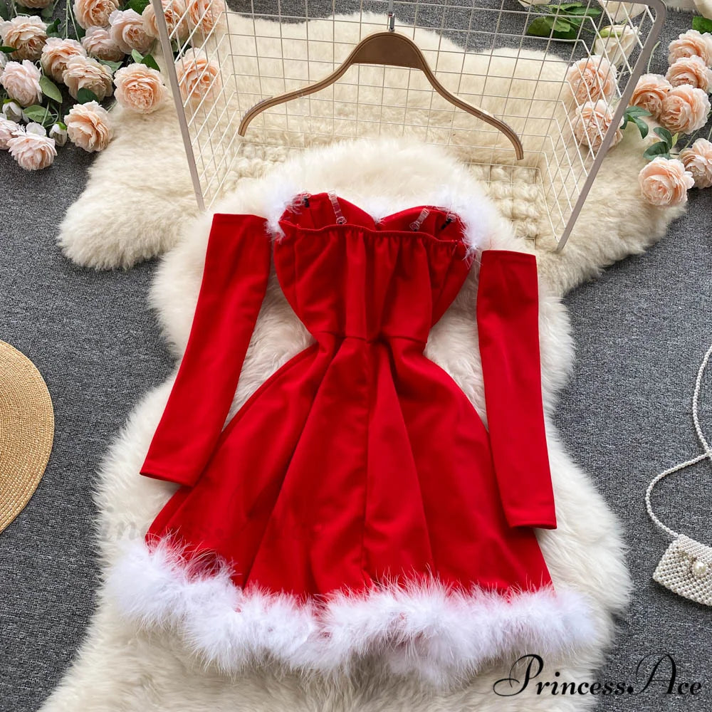 Strapless Backless Furry Sexy Short Mini Christmas Dress
