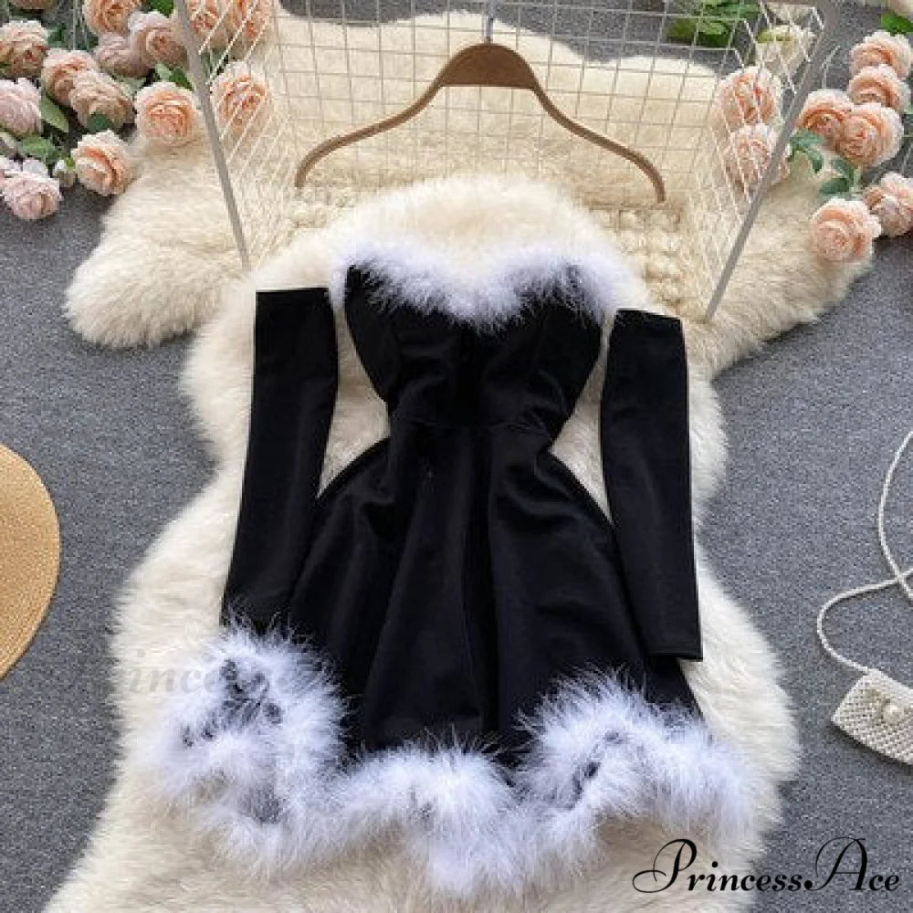 Strapless Backless Furry Sexy Short Mini Christmas Dress Black / One Size