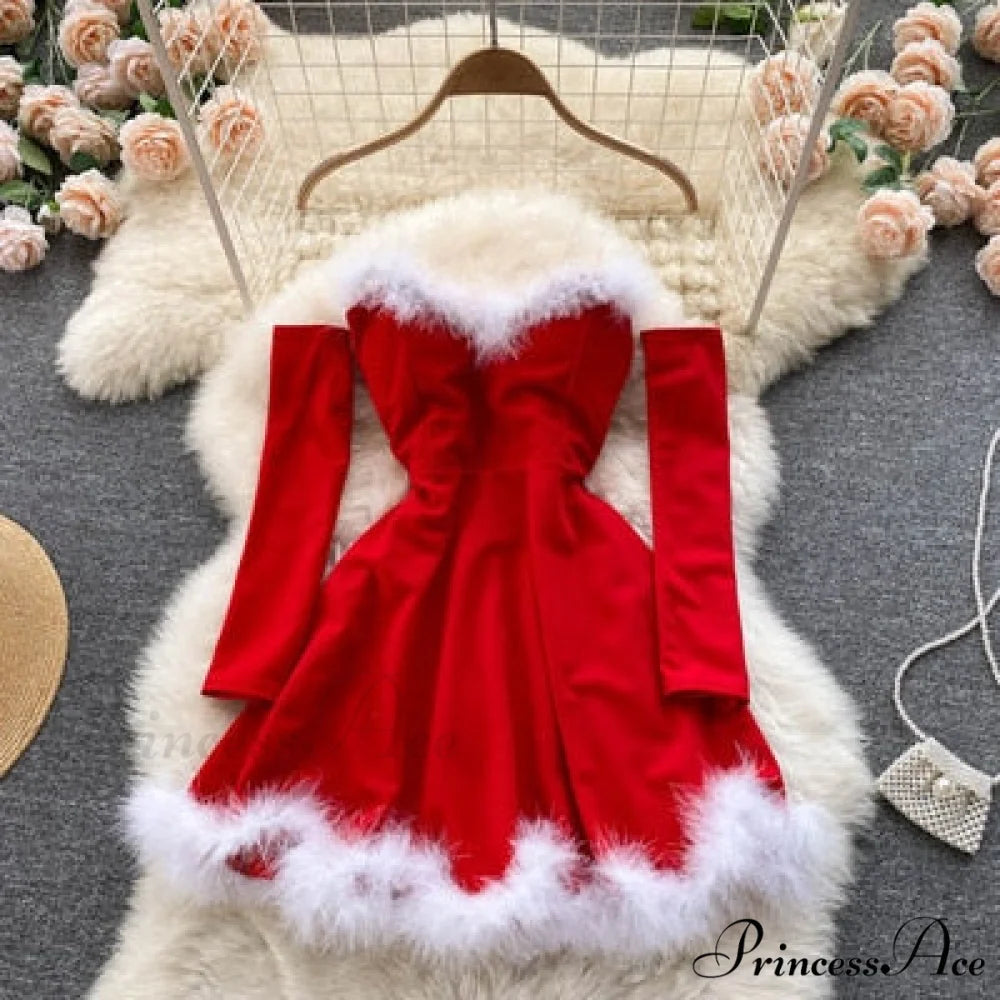 Strapless Backless Furry Sexy Short Mini Christmas Dress Red / One Size