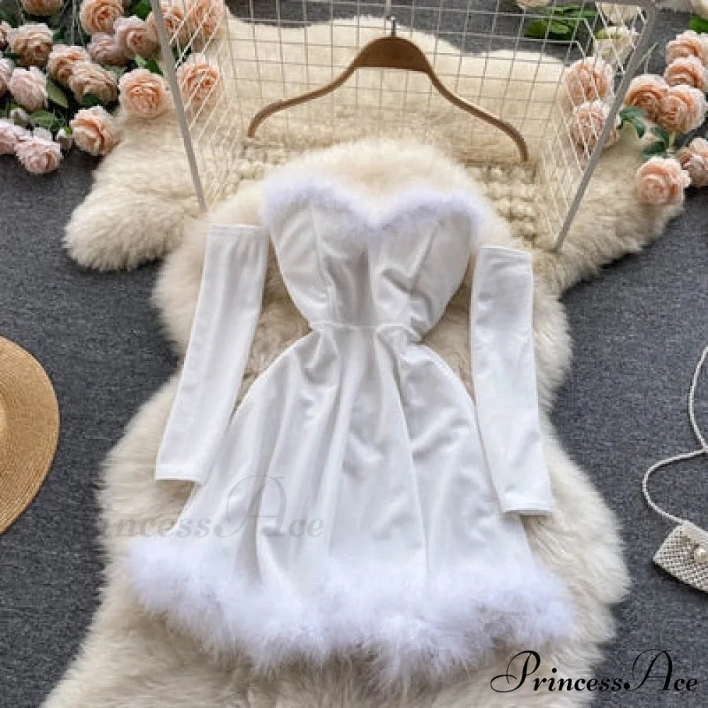 Strapless Backless Furry Sexy Short Mini Christmas Dress White / One Size