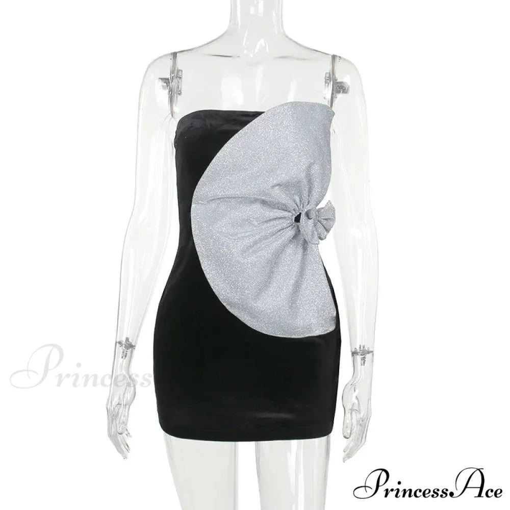 Strapless Backless Pleated Sexy Shinny Bow Mini Chic Patchwork Banquet Ball Evening Bodycon Dress