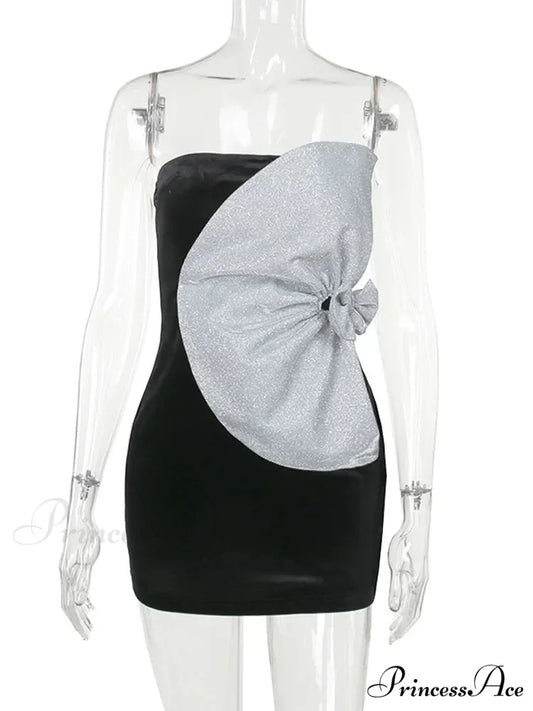 Strapless Backless Pleated Sexy Shinny Bow Mini Chic Patchwork Banquet Ball Evening Bodycon Dress Black / S