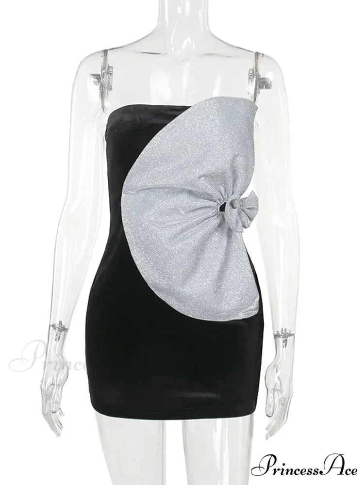 Strapless Backless Pleated Sexy Shinny Bow Mini Chic Patchwork Banquet Ball Evening Bodycon Dress Black / S