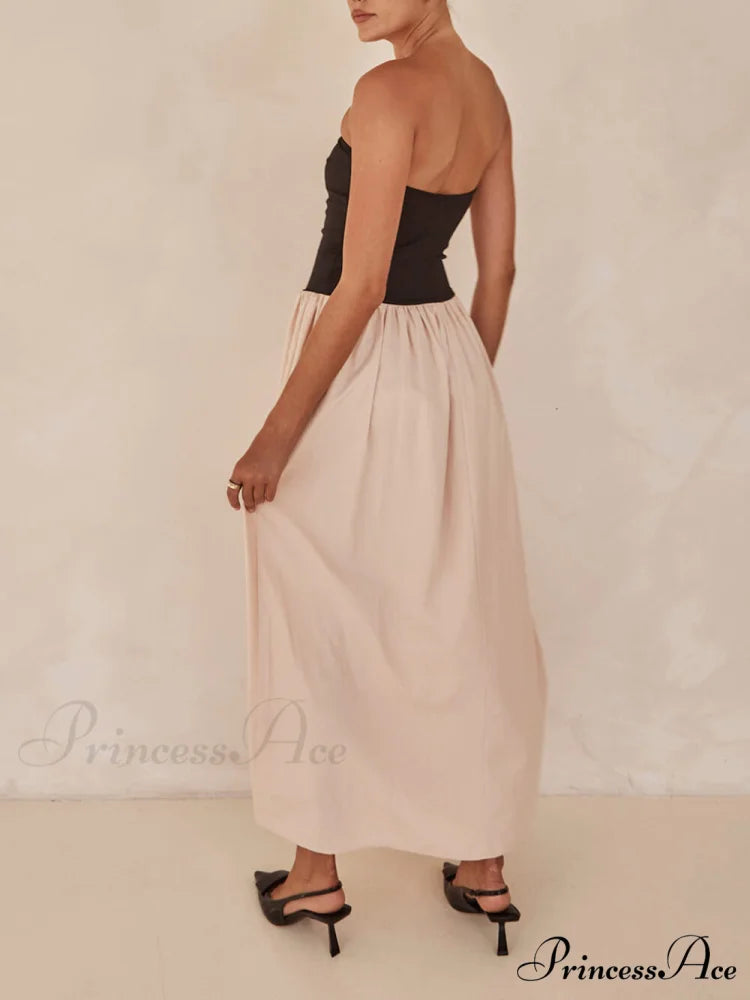 Strapless Black And Charming Sand Paneled Maxi Dress