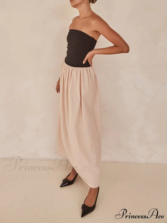Strapless Black And Charming Sand Paneled Maxi Dress