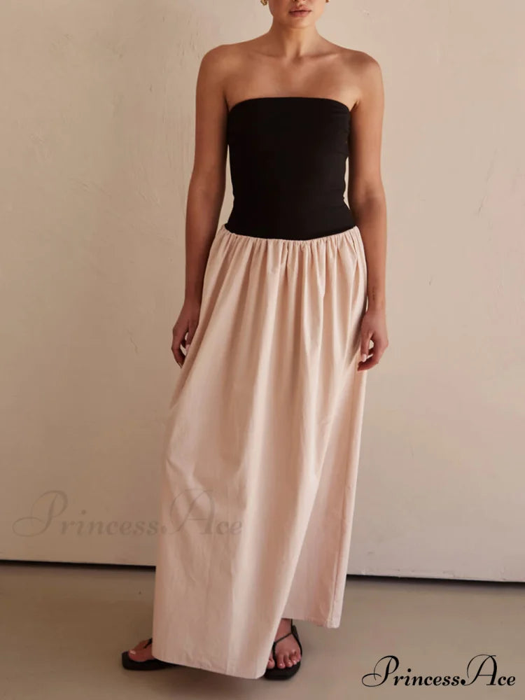 Strapless Black And Charming Sand Paneled Maxi Dress Beige / S