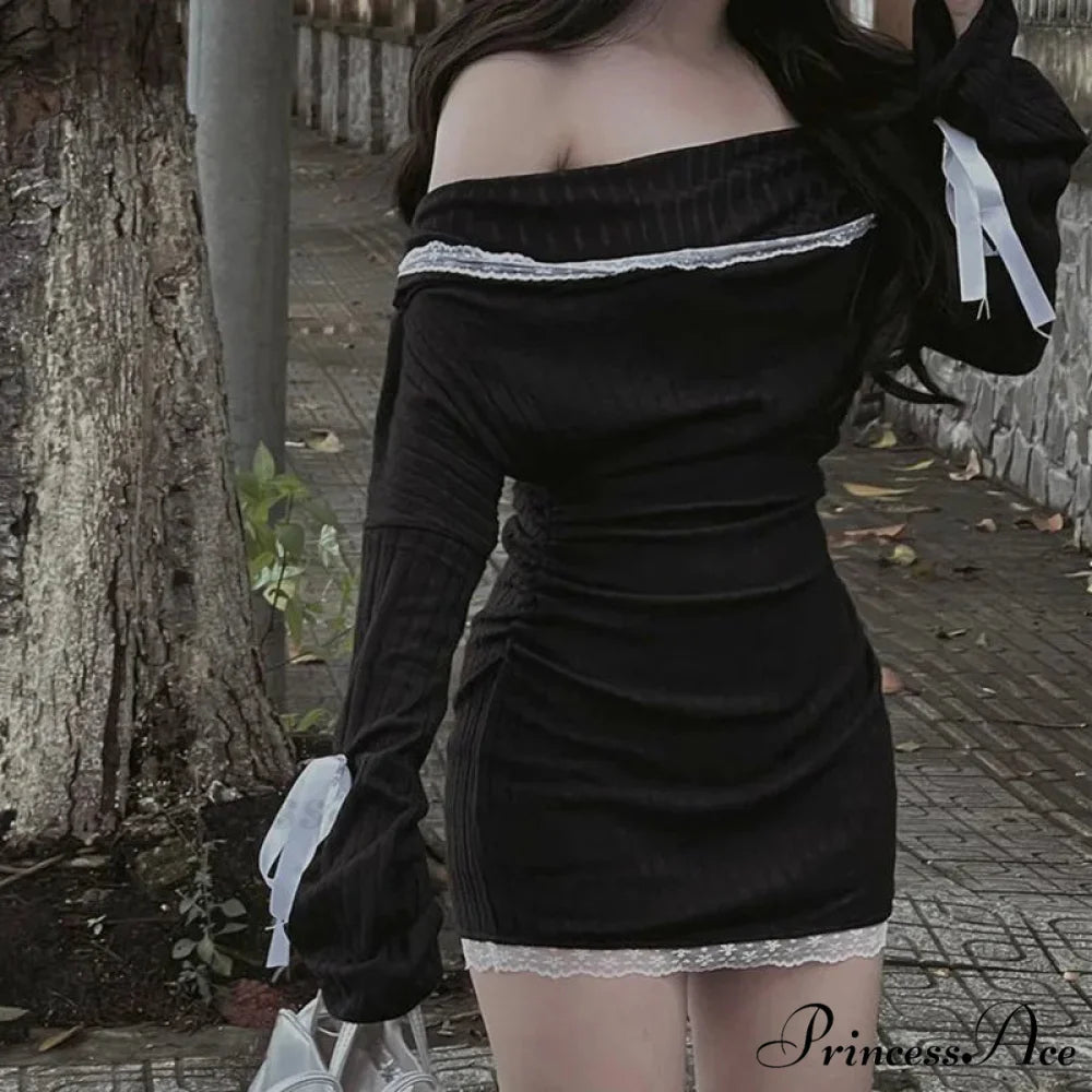 Strapless Black Autumn Off Shoulder Long Lace Knitting Bandage Mini Elegant Club Partywear Bodycon Dress
