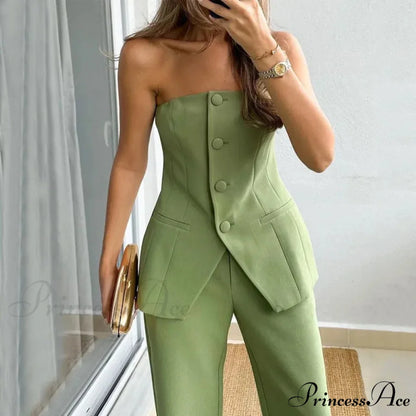 Strapless Button Top Long Pants Slim Party Sleeveless Suit