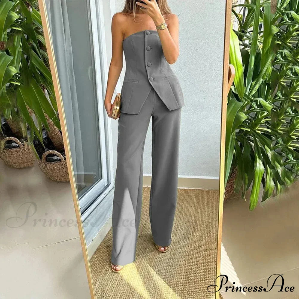 Strapless Button Top Long Pants Slim Party Sleeveless Suit