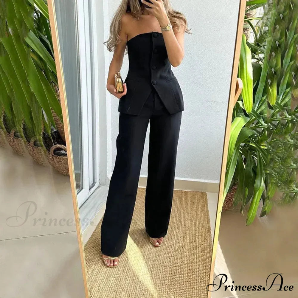 Strapless Button Top Long Pants Slim Party Sleeveless Suit