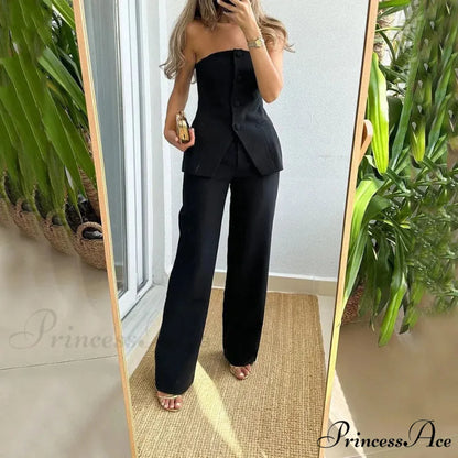Strapless Button Top Long Pants Slim Party Sleeveless Suit