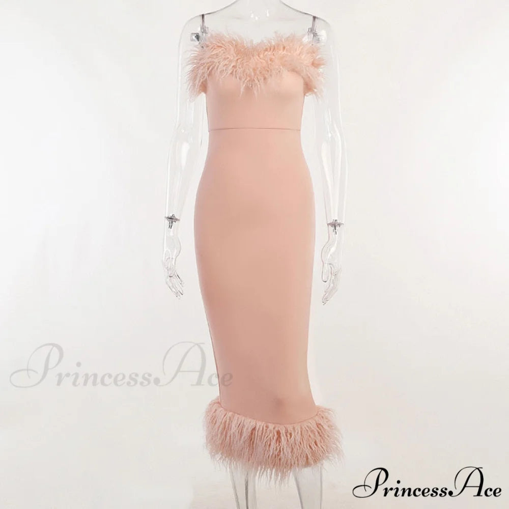 Strapless Feather Evening Sexy Corset Bodycon Midi Dress PINK / S
