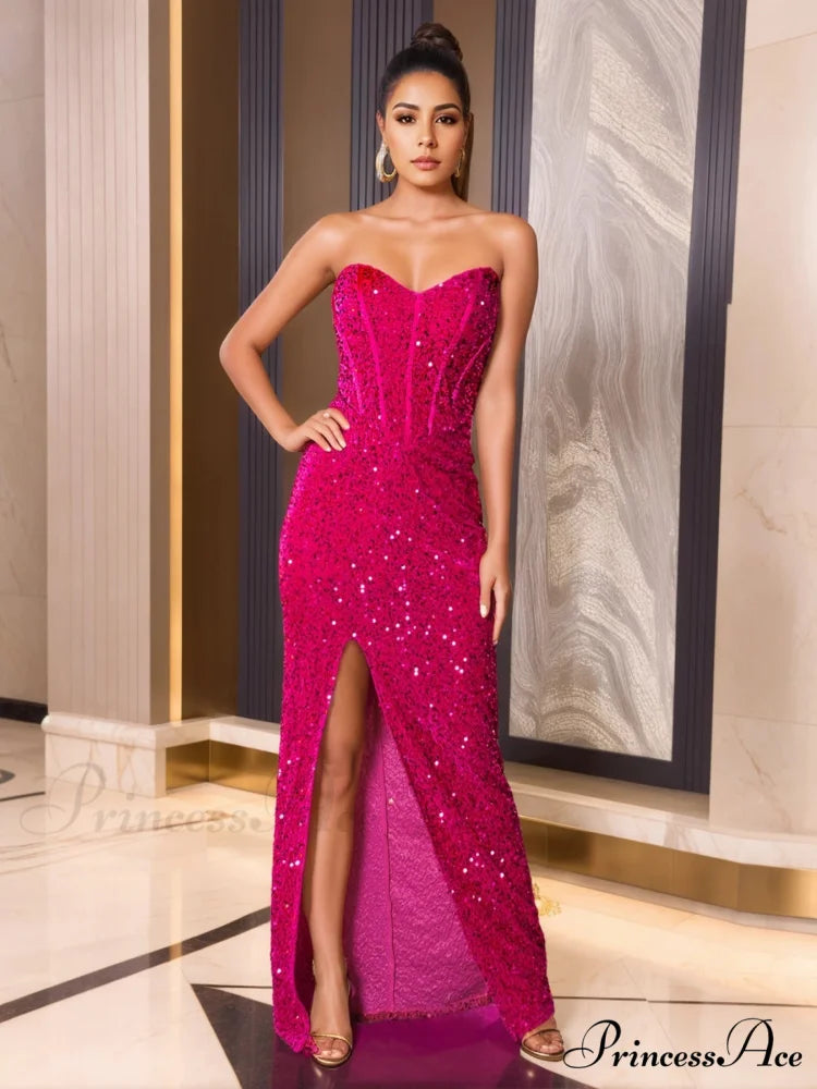 Strapless Fish Bone Slit Party Dress