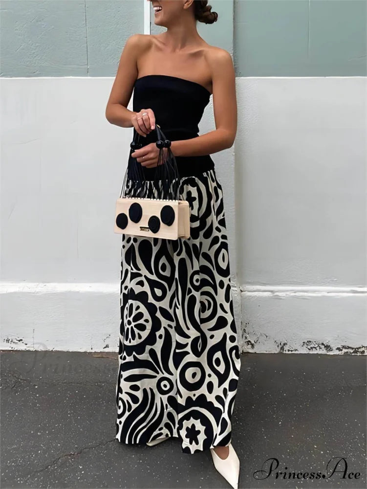 Strapless Floral Stylish Print Midi Dress Black / S