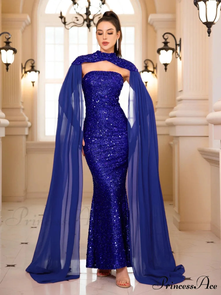 Strapless High Neck Sequined Party Dress Blue / S