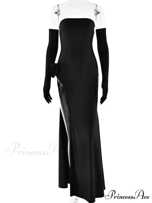 Strapless High Slit Sleeveless Maxi Red Christmas Party Dress Black / S