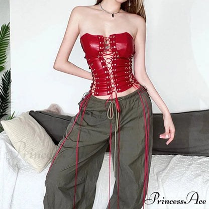 Strapless Hollow Out Lace Up Gothic Red Faux Leather Crop Top Red / S