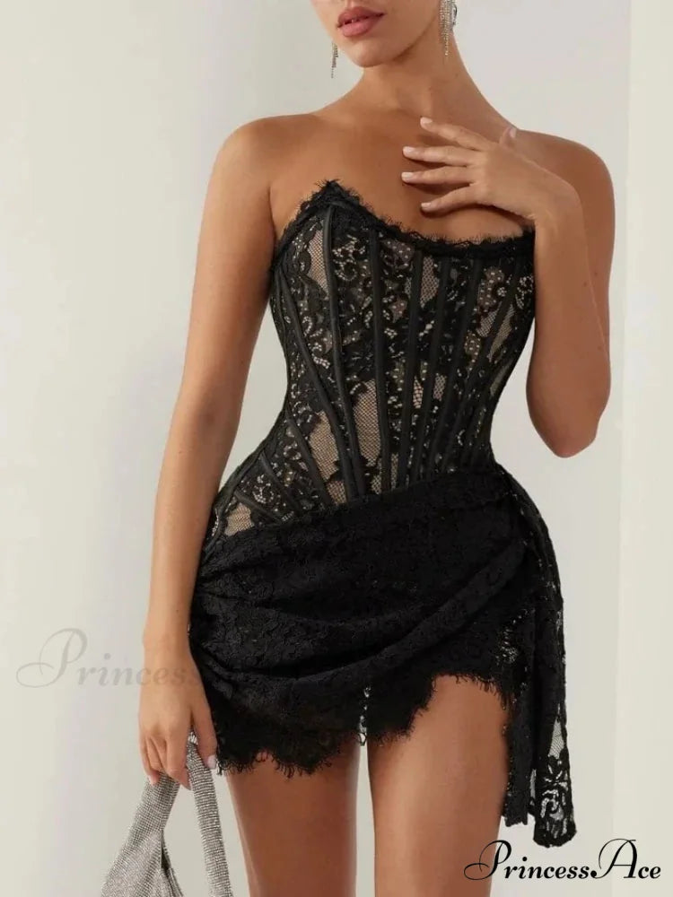 Strapless Lace Corset Mini Dress - Sleeveless Bodycon Christmas Party Dress BLACK / XS