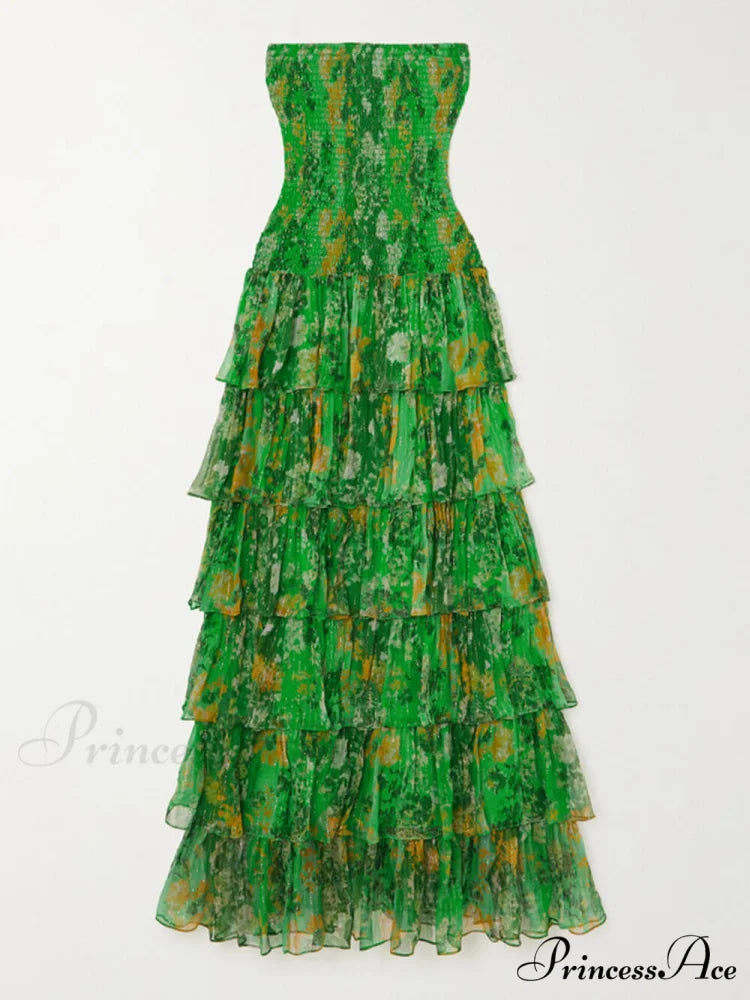 Strapless Layered Bandeau Charming Floral Print Maxi Dress