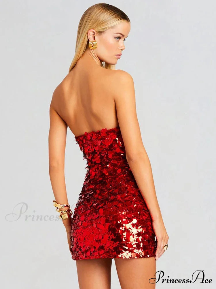 Strapless Mini Sequin Party Dress Red / S
