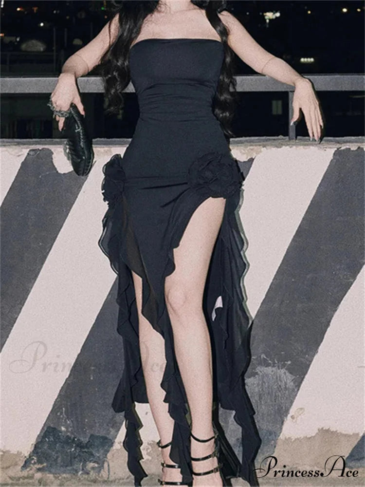 Strapless Off Shoulder Elegant Women Party Clubwear Flowers Patchwork High Split Solid Summer Vestidos Black / S