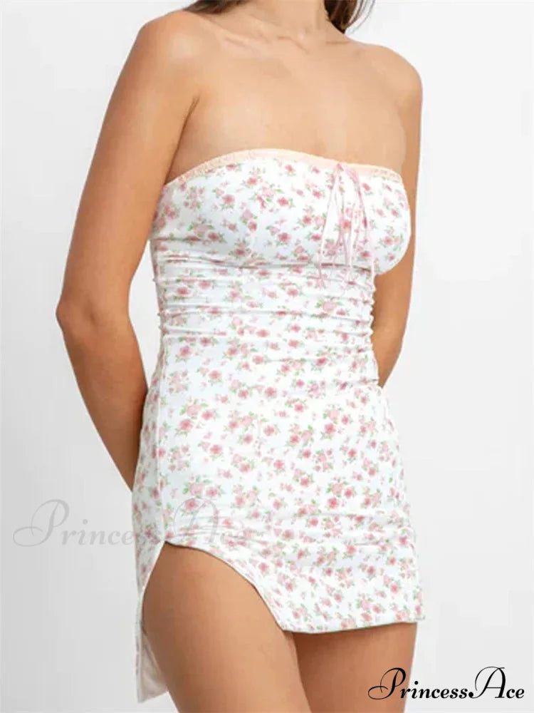 Strapless Off Shoulder Fairy Floral Print Backless Mini Dress WHITE / S