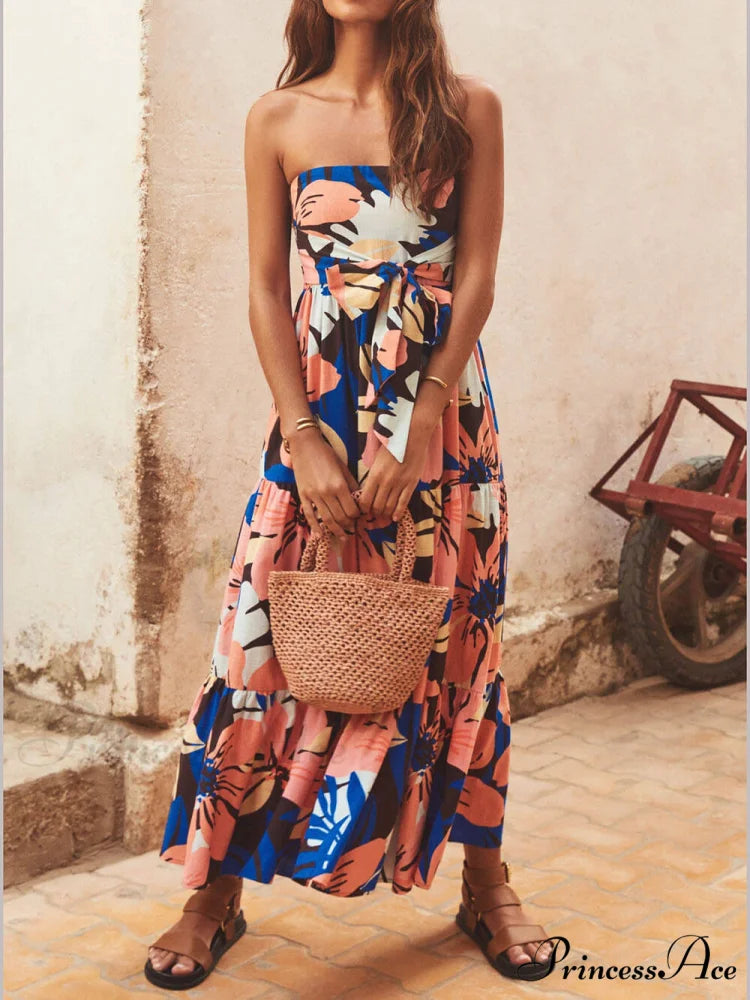 Strapless Printed Stylish Maxi Dress Orange / S