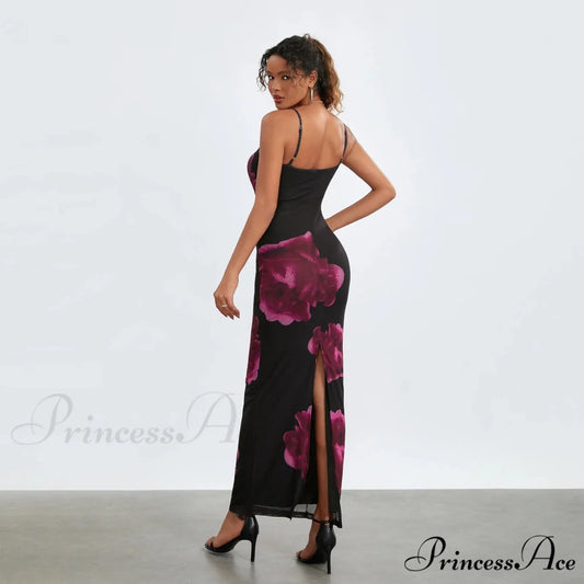 Strapless Spaghetti Strap Flower Split Back Hem Dress floraldress-250126