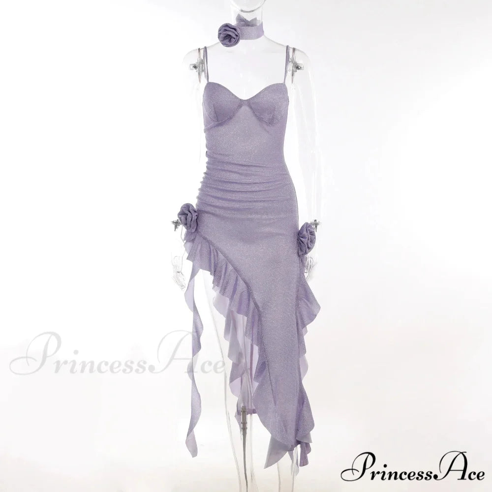 Strapless Tube Midi Floral Off Shoulder Split Club Party Bodycon Dress PURPLE / S