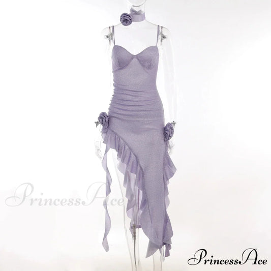 Strapless Tube Midi Floral Off Shoulder Split Club Party Bodycon Dress PURPLE / S