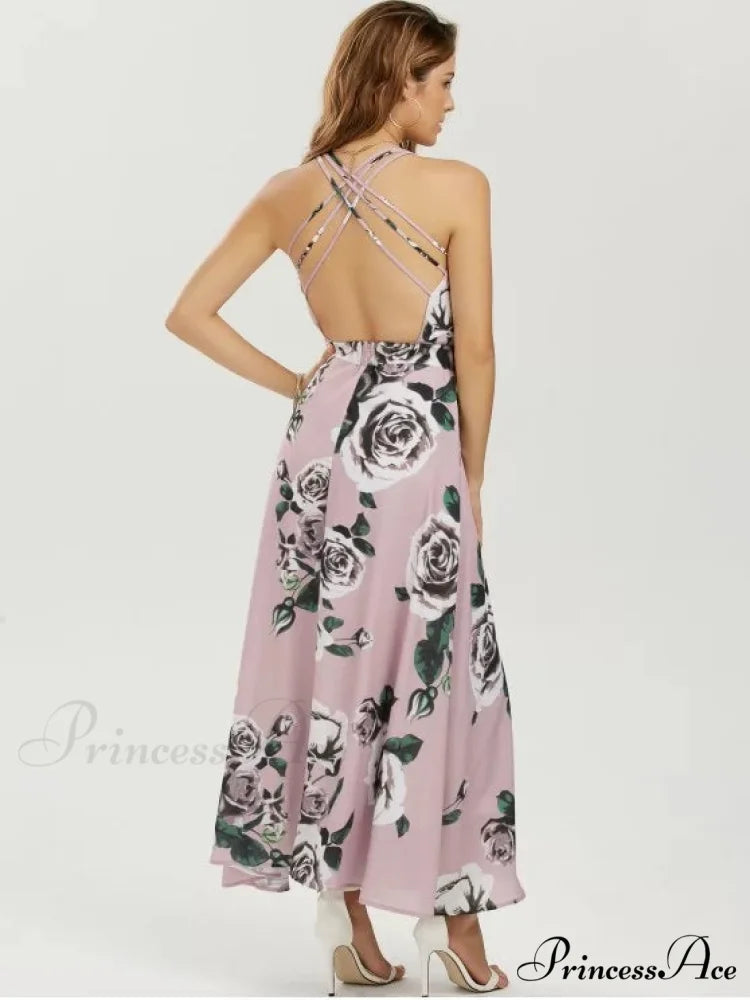 Strappy Coastal Flowered Full-Length Dress