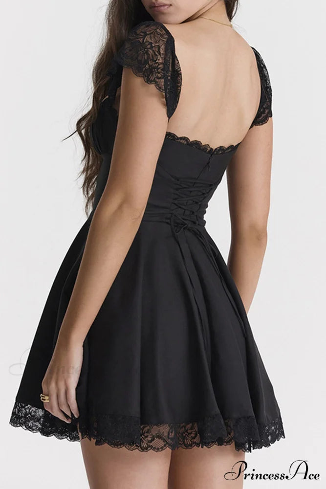 Strappy Lace Patchwork Corset Dress Black / L