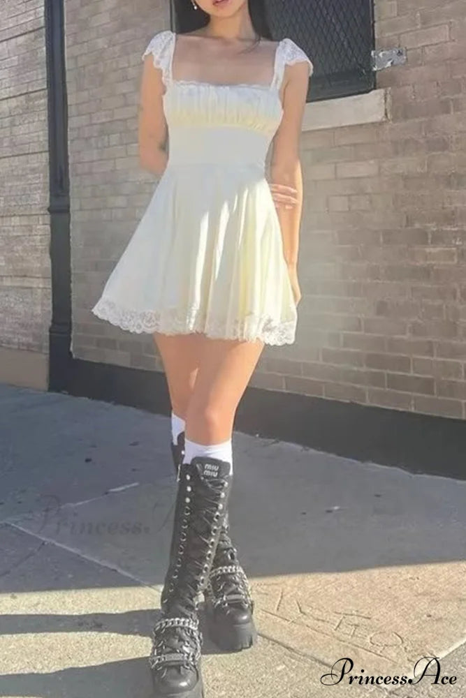 Strappy Lace Patchwork Corset Dress White / L