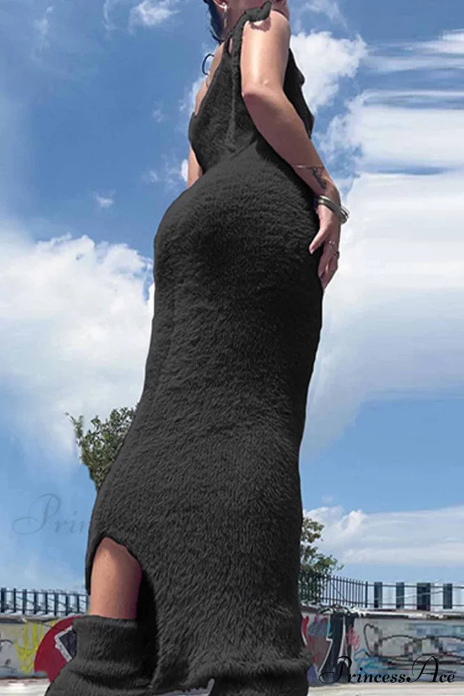 Strappy Plush Slit Dress Black / M