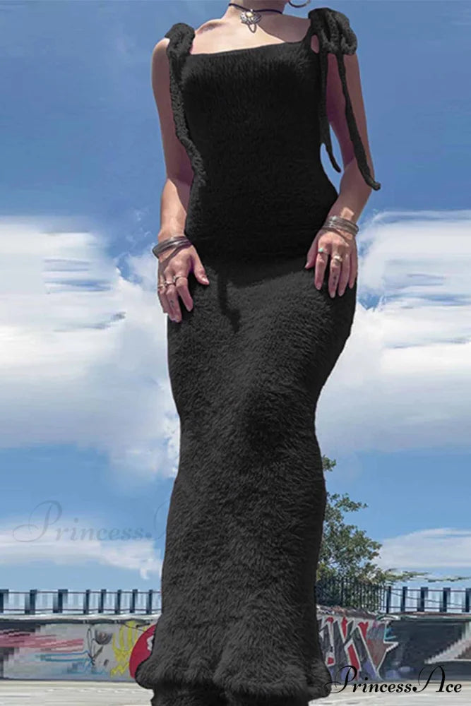 Strappy Plush Slit Dress Black / S