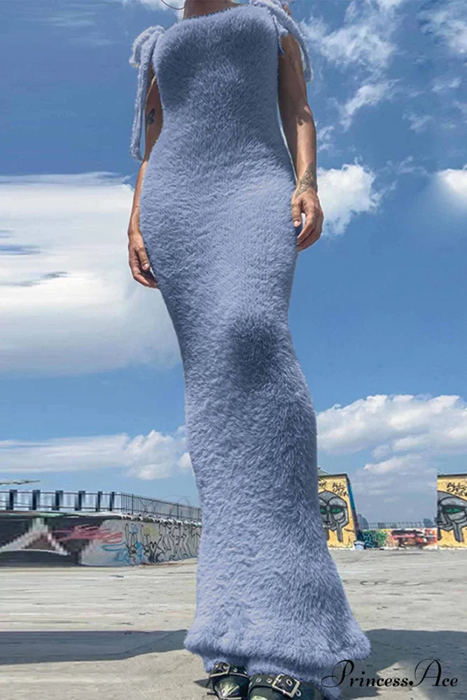 Strappy Plush Slit Dress Blue / S