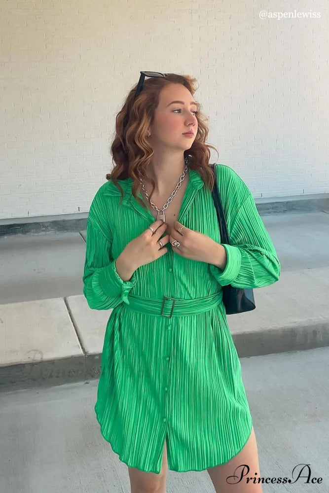 Strappy Waisted Pleated Shirts Dress Green / L