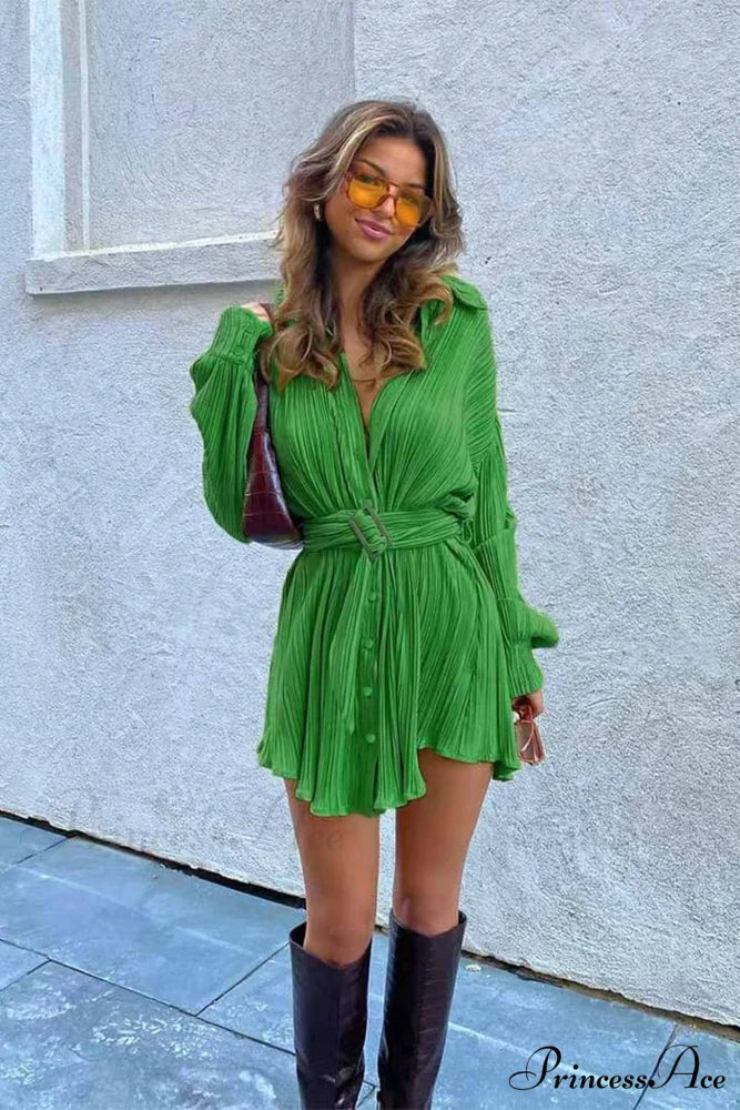 Strappy Waisted Pleated Shirts Dress Green / S