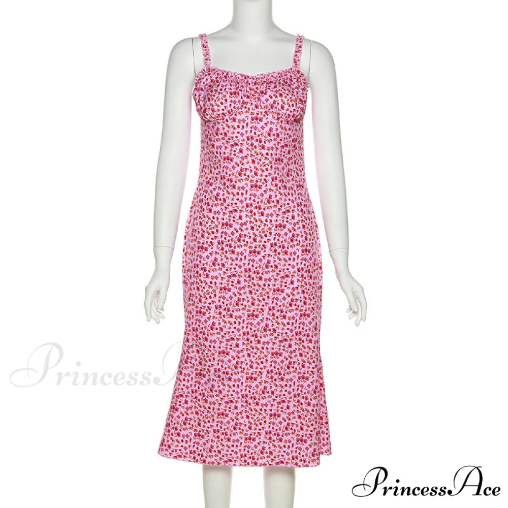 Straps and Design Flowered Warm-Season Long Bodycon Ruched Pink Coastal with Casual Gown Detail