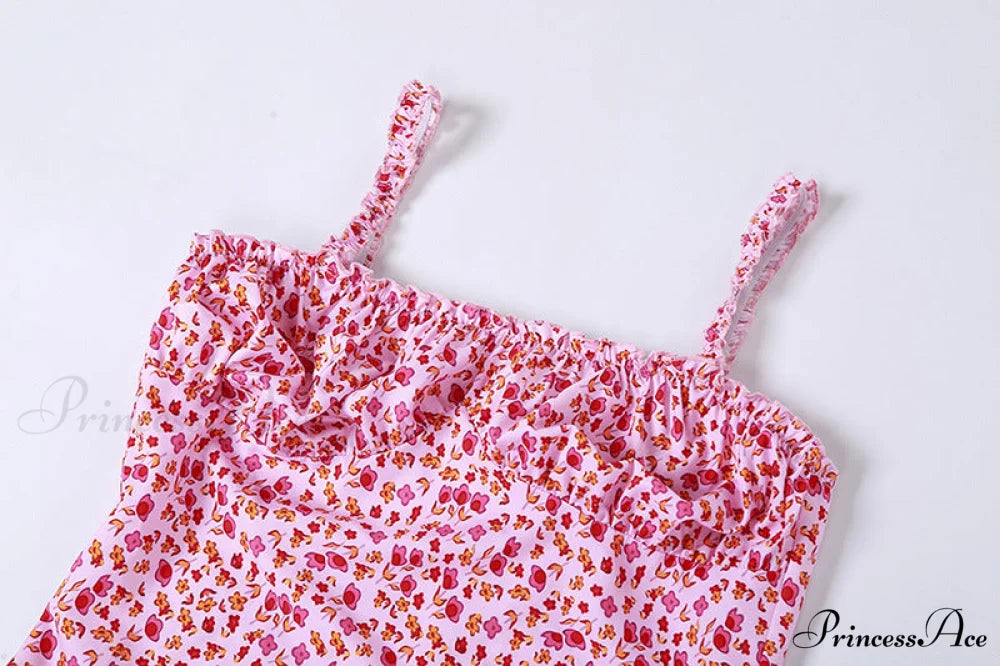 Straps and Design Flowered Warm-Season Long Bodycon Ruched Pink Coastal with Casual Gown Detail