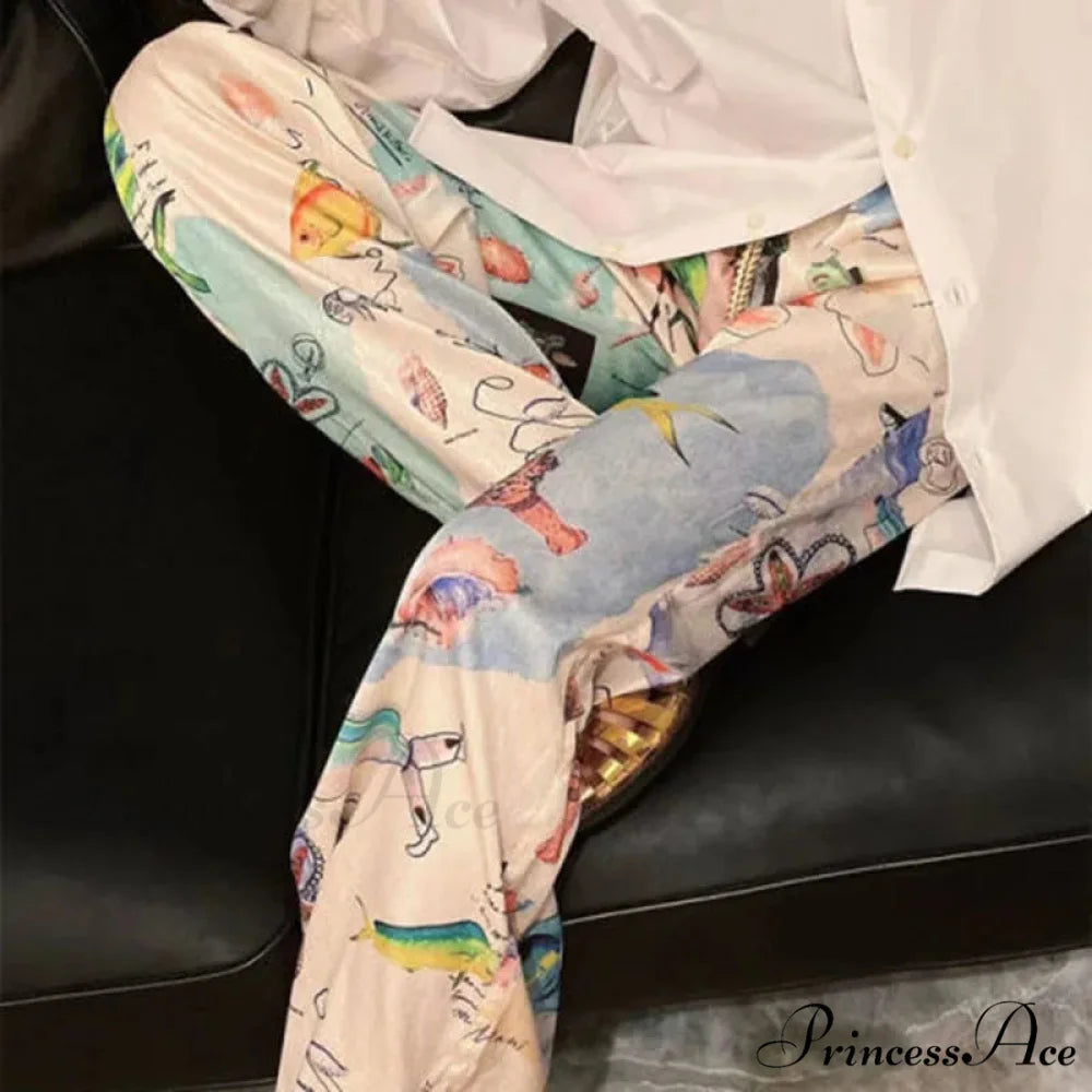 Street Art Pattern Wide Leg Stretchy High Waist Trousers White / M pant-250223