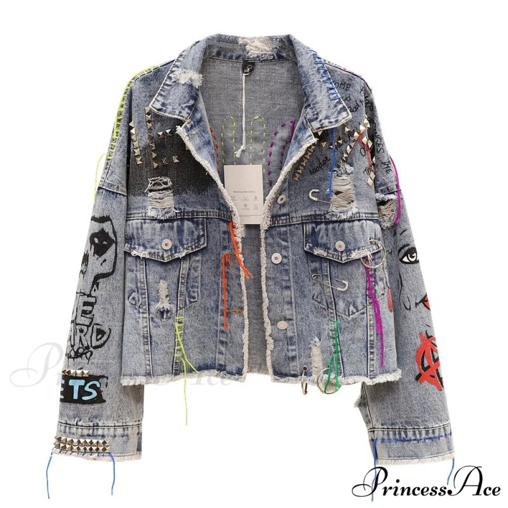 Street Fashion Graffiti Denim Jacket blue / One Size