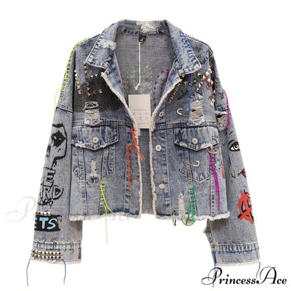Street Fashion Graffiti Denim Jacket blue / One Size