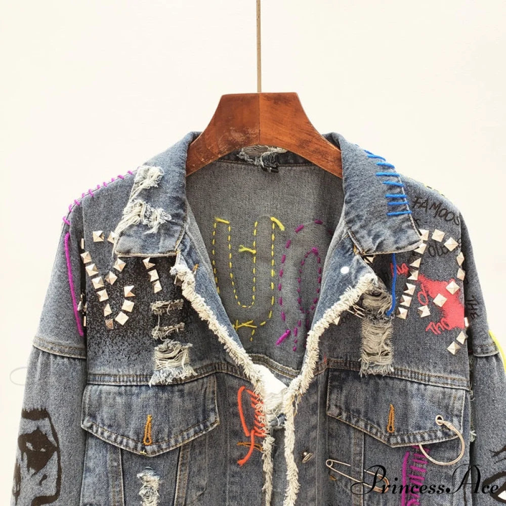 Street Fashion Graffiti Denim Jacket blue / One Size
