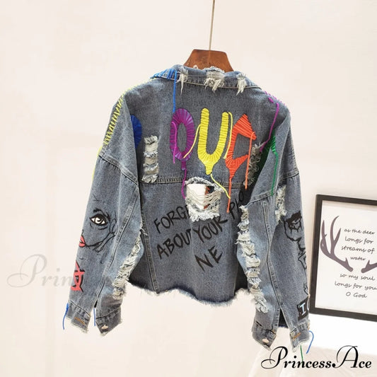 Street Fashion Graffiti Denim Jacket blue / One Size