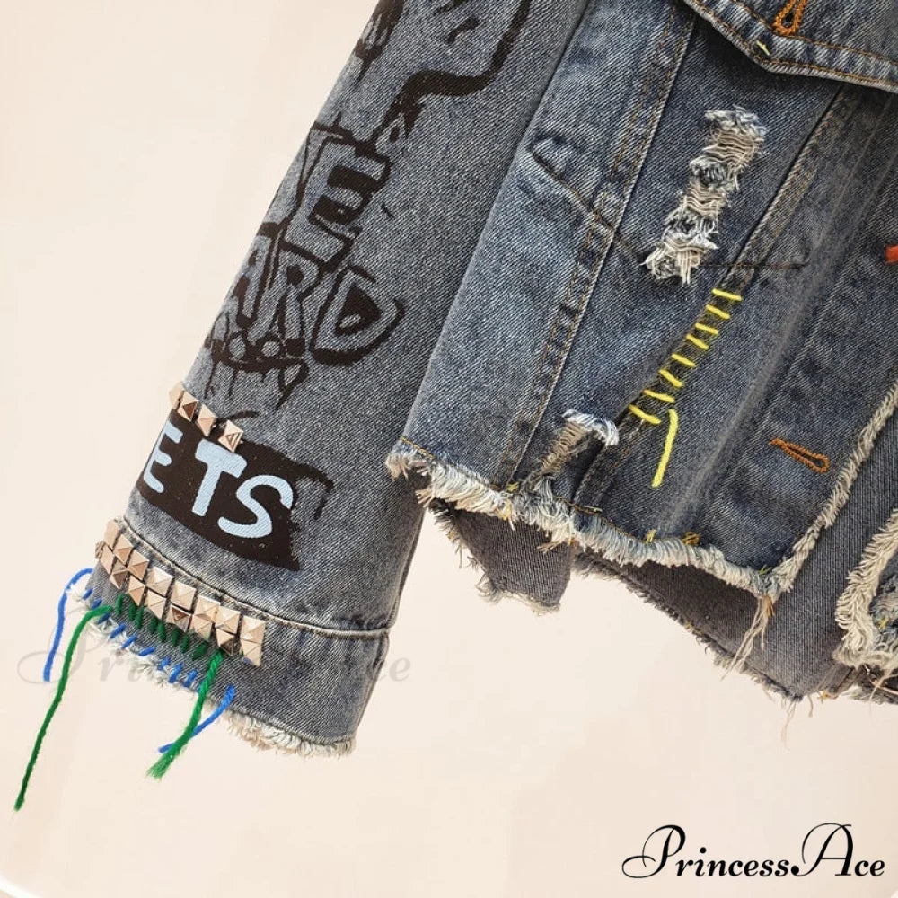 Street Fashion Graffiti Denim Jacket blue / One Size
