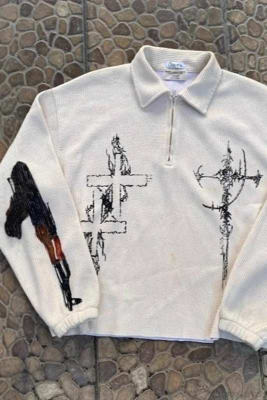 Street-Inspired Oversized Gun Graphic Letter Sweatshirt
