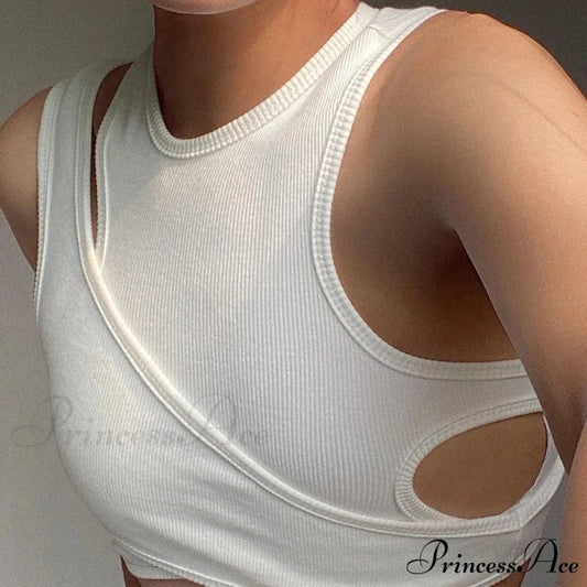 Streetwear Asymmetrical Two Piece Vest Summer Clothes for Women Casual Ribbed Crops Tank top WHITE / S