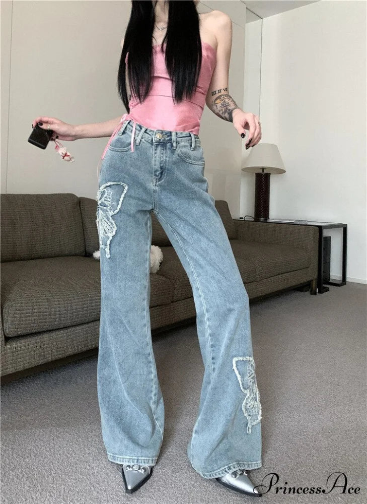 Streetwear Denim Elegant Woman Clothes Blue pants with belt / S
