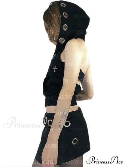 Streetwear Gothic Dark Vest Cyberpunk Cross Hooded Alt Grunge Crop Top